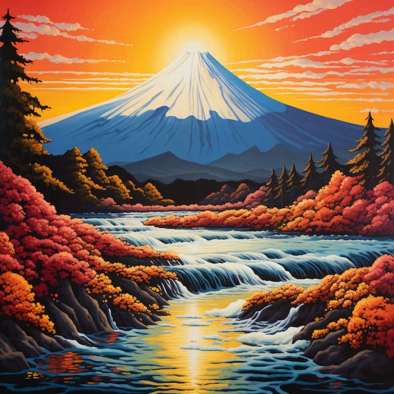 Paint by numbers kit of a sunrise over a snow-capped mountain with cascading waterfalls and autumn foliage.