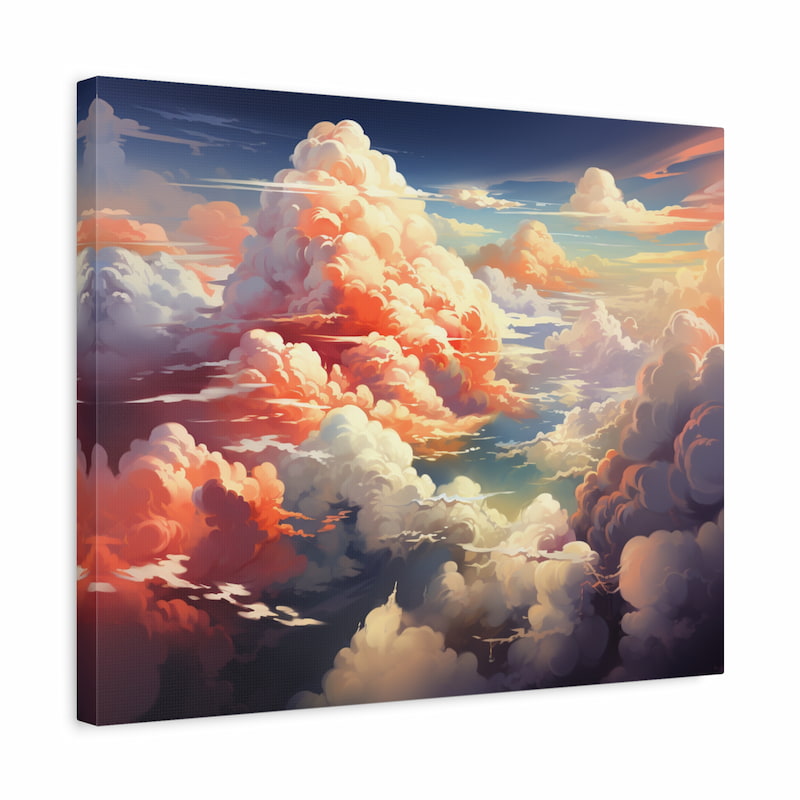 Paint by numbers artwork of a dramatic cloudscape at sunset with glowing peach, coral, and purple clouds shown in a frame