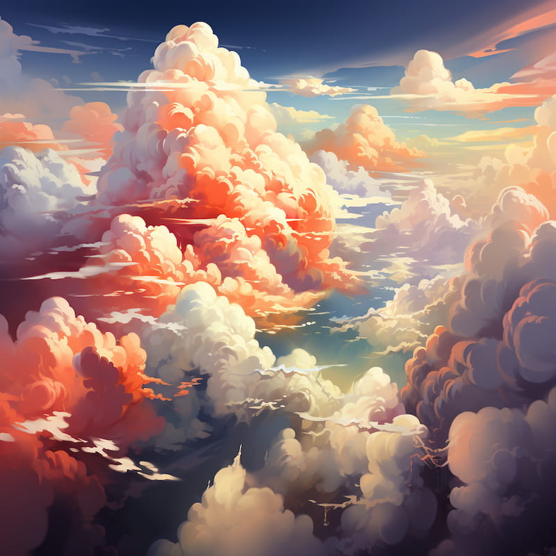 Paint by numbers artwork of a dramatic cloudscape at sunset with glowing peach, coral, and purple clouds