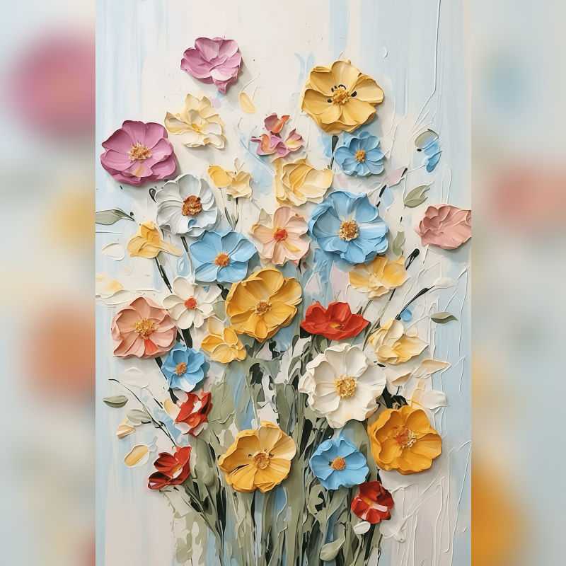 Sunshine Meadow 3D Flowers Paint By Numbers painting featuring sculpted yellow, blue, red, pink, and white flowers arranged in a wild garden bouquet against a soft pastel background.
