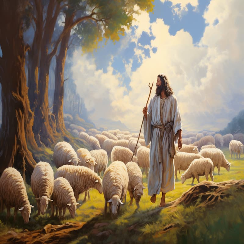 Paint by numbers of a person as the Good Shepherd walking among sheep in a sunlit field under a glowing sky