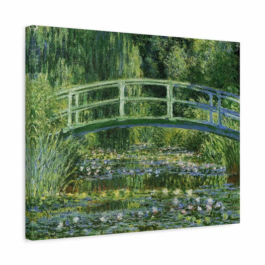 Canvas print of a bridge over water lilies with greenery