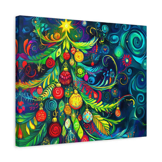 Colorful abstract Christmas tree painting with ornaments on a white background