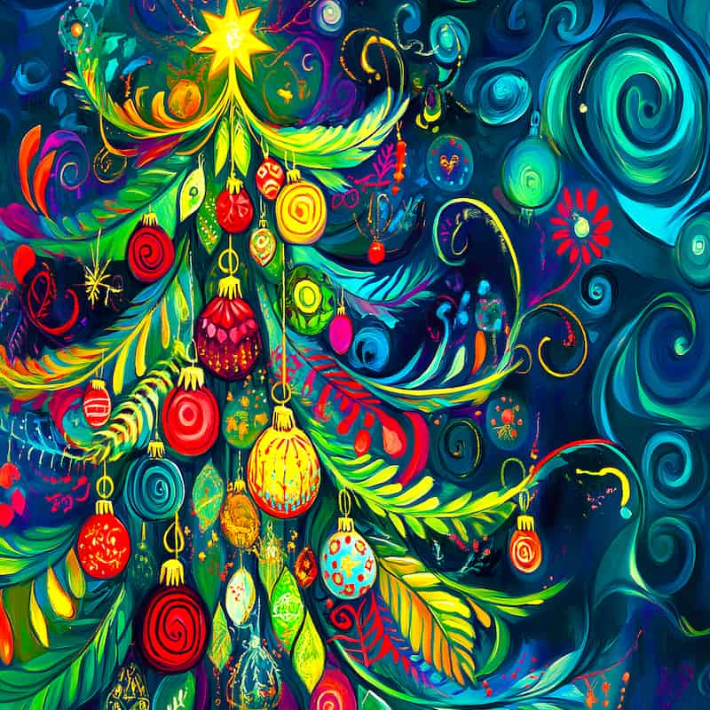 Colorful Christmas tree with ornaments against a blue background