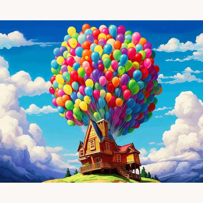 The Floating Home Paint By Numbers Kit featuring a house lifted by colorful balloons soaring into a bright blue sky with dreamy clouds in the background