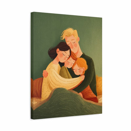 Canvas print of a family hugging on a green background