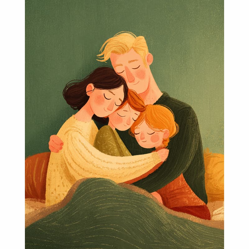 Illustration of a family hugging on a green background