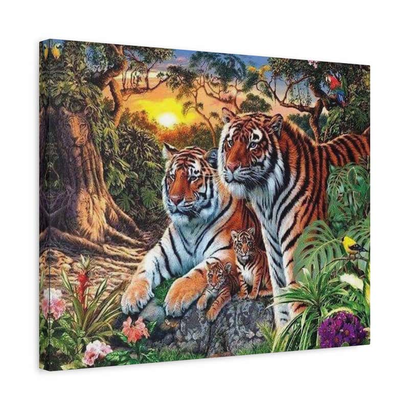 A square canvas wall art print depicting a family of tigers in a lush jungle at sunset, shown at a slight angle against a plain white background.