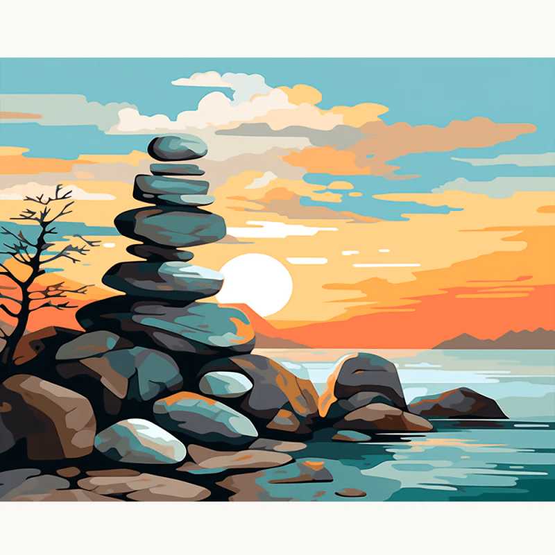 Tranquil Balance Paint By Numbers painting showing stacked rocks by the water during sunset, with a glowing sky and calming lake reflections, inspired by nature’s balance.