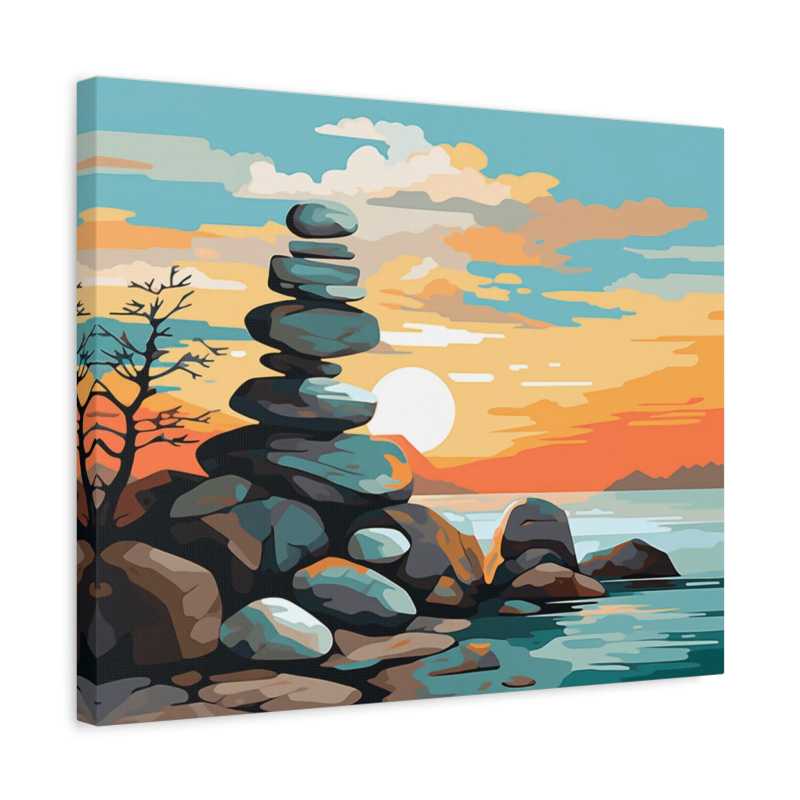 Tranquil Balance Paint By Numbers painting showing stacked rocks by the water during sunset, with a glowing sky and calming lake reflections, inspired by nature’s balance shown in a frame.