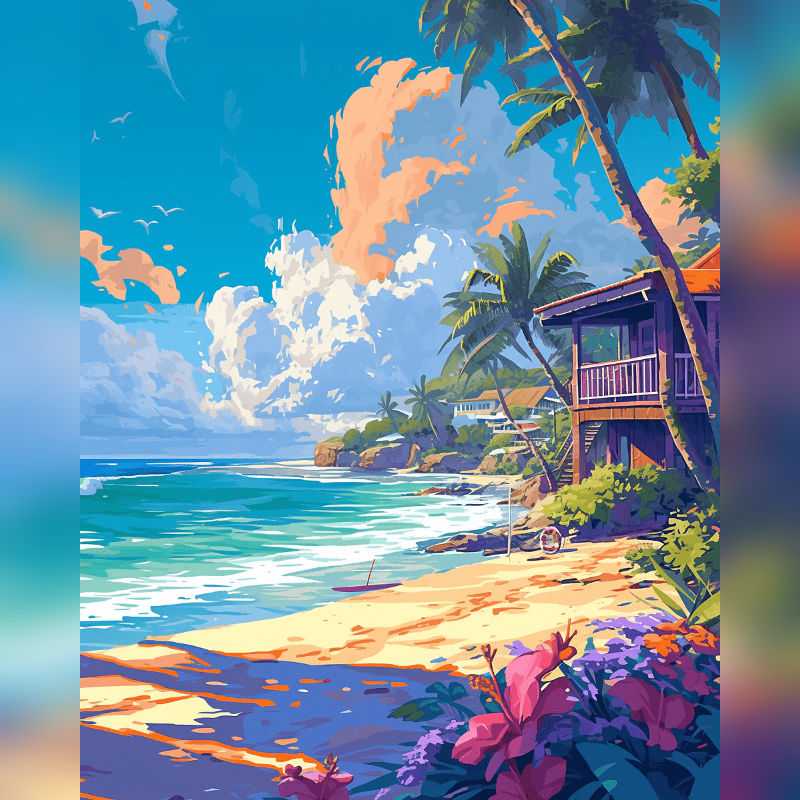 Coastal beach with turquoise waves, palm trees, vibrant flowers, and island homes beneath a bright sky, perfect for Paint By Numbers fans in Canada