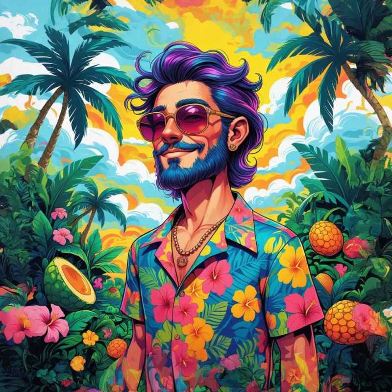 Paint By Numbers illustration of a stylish man with sunglasses and a tropical shirt, surrounded by palm trees, pineapples, and vibrant island colors.