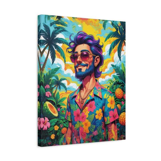 Paint By Numbers illustration of a stylish man with sunglasses and a tropical shirt, surrounded by palm trees, pineapples, and vibrant island colors shown in a frame