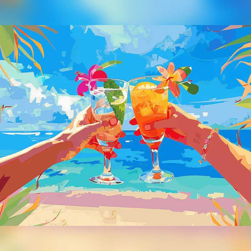 Two hands clinking vibrant tropical drinks with flowers on a sunny beach, surrounded by ocean waves and palm leaves, perfect for summer Paint By Numbers Canada