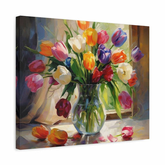 A square canvas wall art print showing a colorful still life painting of a bouquet of tulips in a clear glass vase, with painted flowers scattered on a table. The canvas is photographed at an angle against a plain white background.