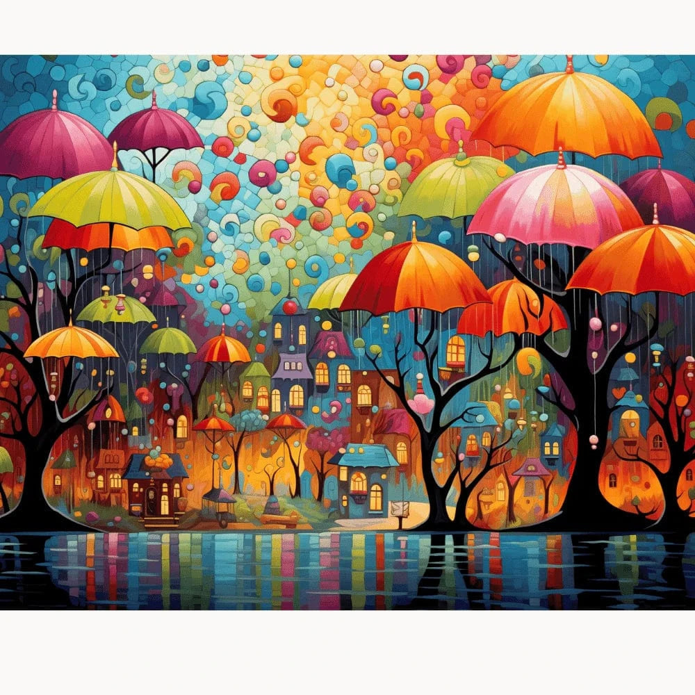 Umbrella Rainbow Paint By Numbers Kit showing a dreamy cityscape with floating umbrellas, colourful swirls in the sky, and whimsical trees reflecting in water