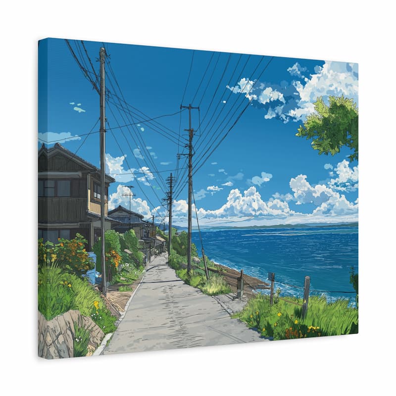 Painting of a scenic coastal road with houses, power lines, and a blue sky.