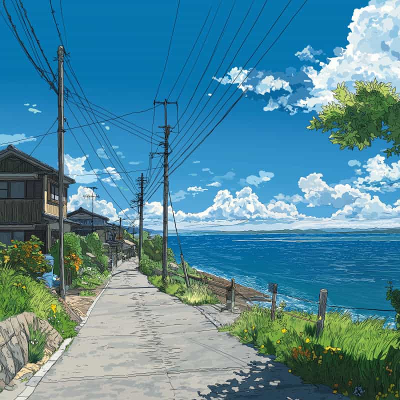 Path leading to a coastal scene with houses, power lines, and a clear blue sky.