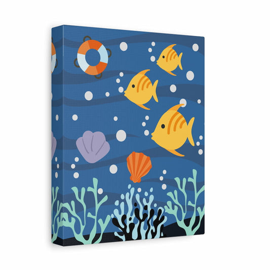 Cartoon-style yellow fish swimming underwater with bubbles, seashells, and coral in a kids’ paint by numbers design shown in a frame
