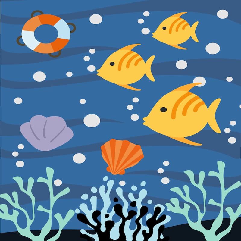 Cartoon-style yellow fish swimming underwater with bubbles, seashells, and coral in a kids’ paint by numbers design.