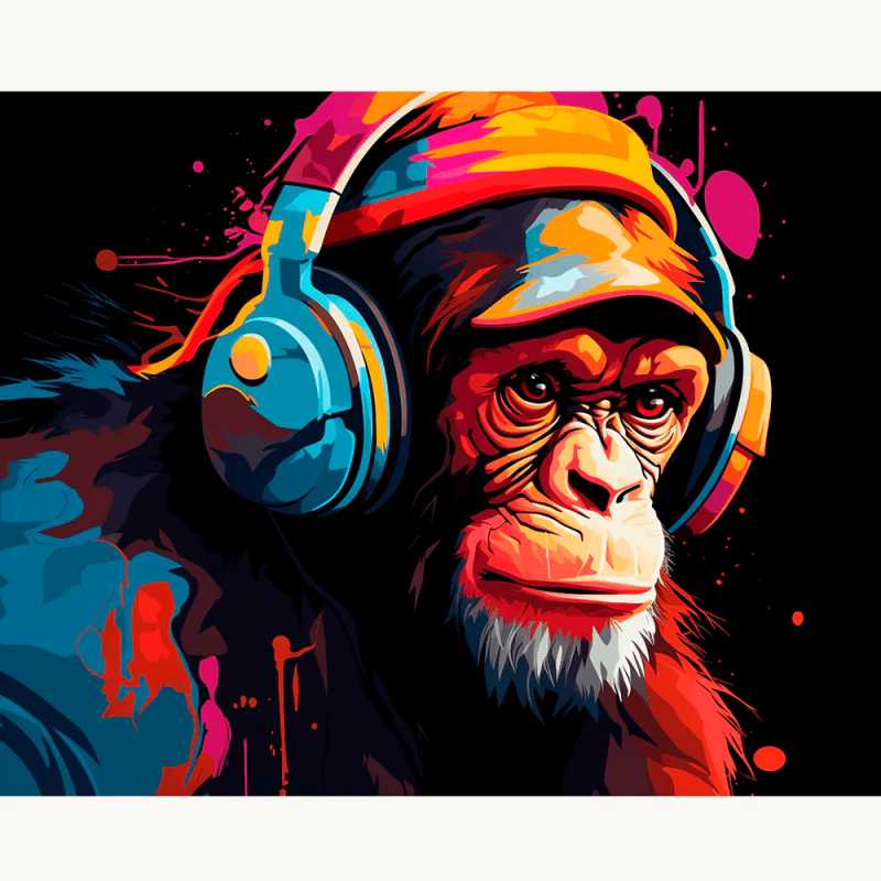 Urban Groove Chimp Paint By Numbers painting of a colorful chimp wearing headphones on a dark background, with bold urban style and bright accents