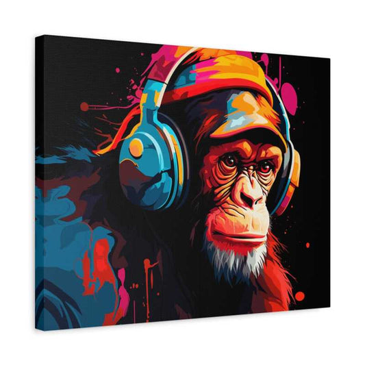 Urban Groove Chimp Paint By Numbers painting of a colorful chimp wearing headphones on a dark background, with bold urban style and bright accents shown in a frame