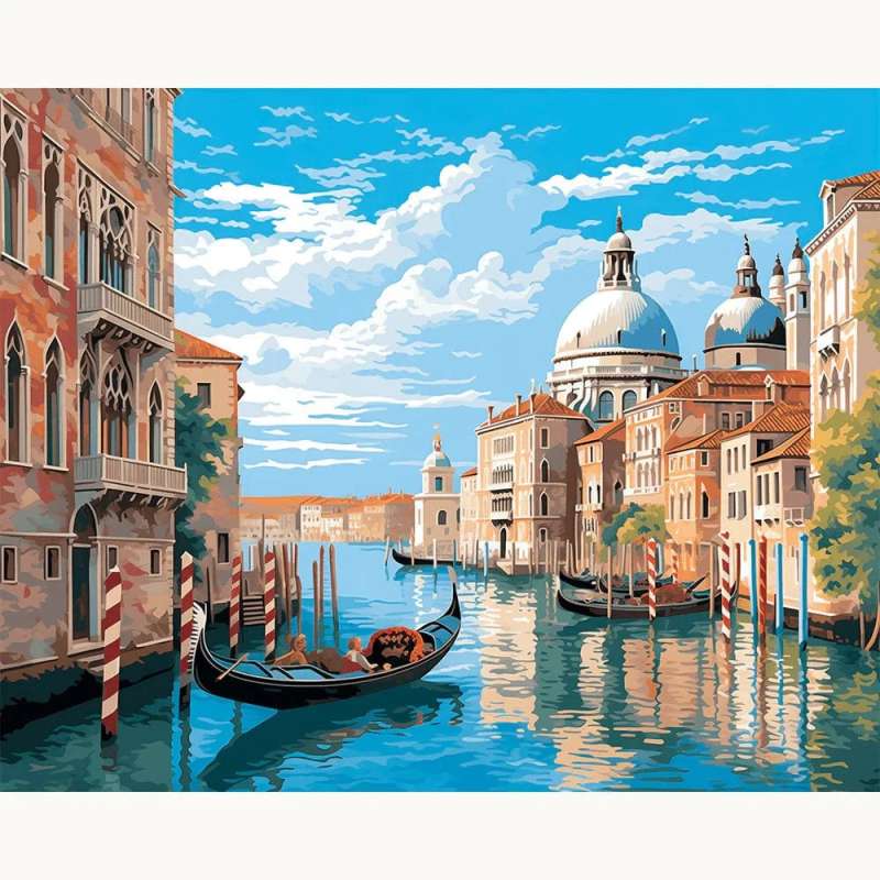Paint by numbers canvas featuring a gondola ride through the canals of Venice with classic Italian architecture and a bright blue sky