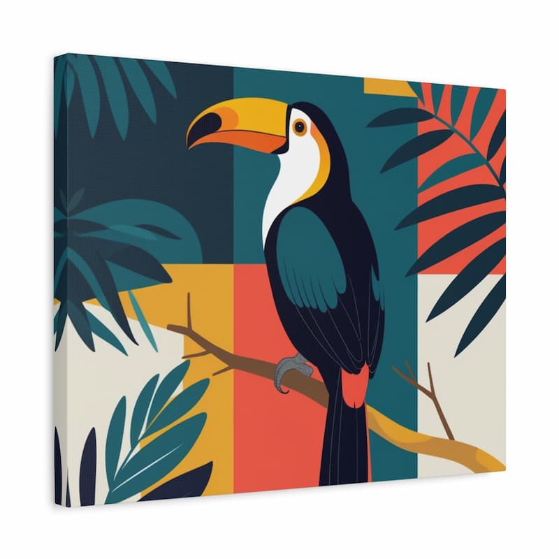 Canvas print with a colorful toucan illustration on a leafy background