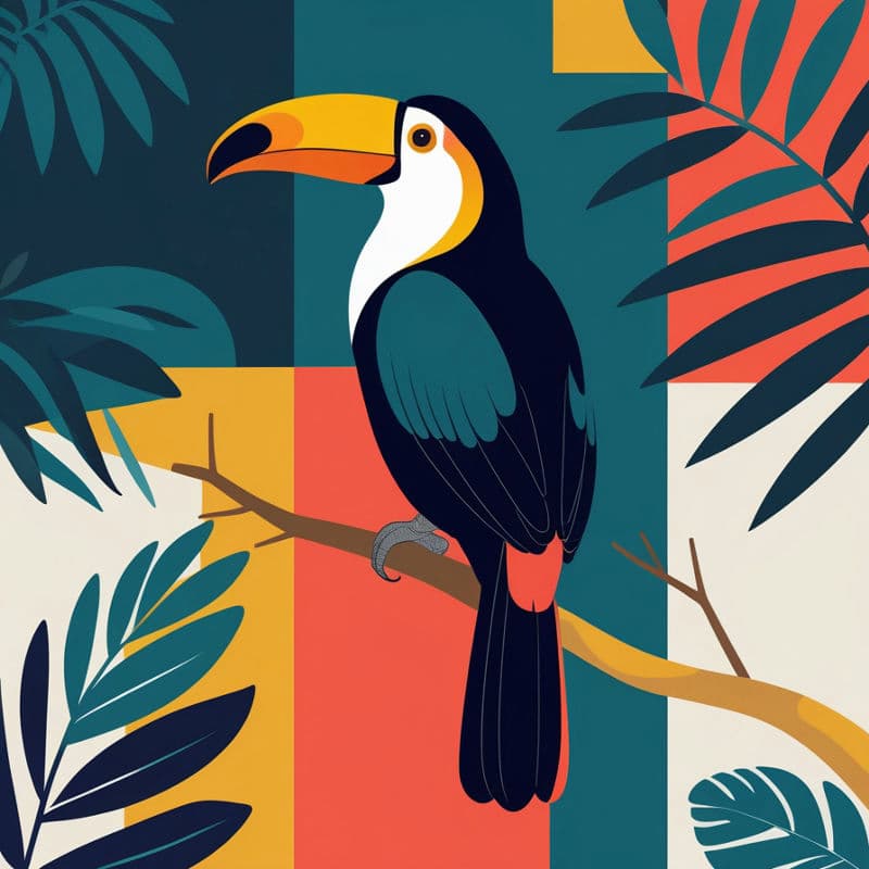 Colorful illustration of a toucan on a geometric background with leaves
