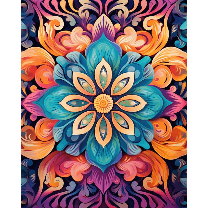 Vibrant Mandala Paint By Numbers artwork featuring a richly detailed, symmetrical floral mandala with vivid blues, oranges, and purples in a kaleidoscope design.