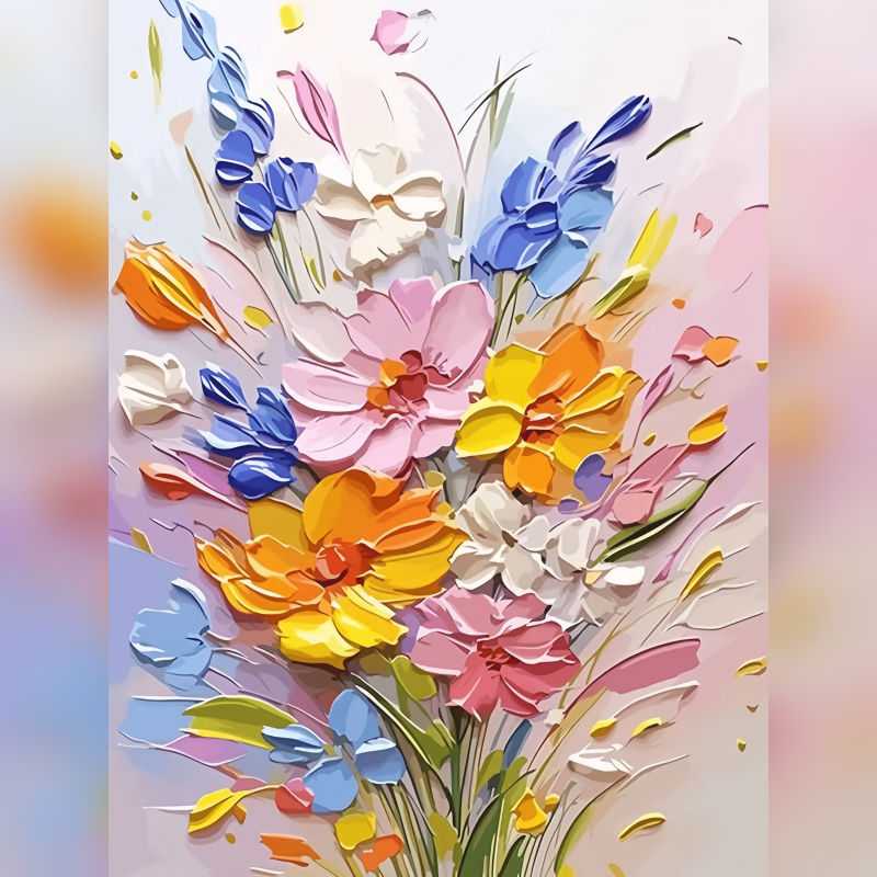 Vibrant Meadow 3D Flowers Paint By Numbers painting featuring textured pastel and vivid blooms in yellow, blue, orange, pink, and white against a soft gradient background, perfect for Canadian art lovers.