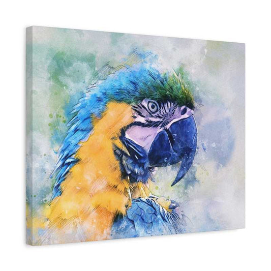 Paint By Numbers artwork of a vibrant tropical parrot with striking blue, yellow, and green feathers on a soft artistic background, bold and eye-catching shown in a frame