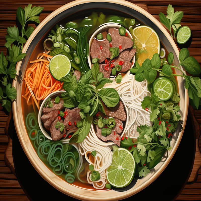 Paint by numbers artwork of a Vietnamese pho bowl with beef, noodles, herbs, lime, and chili in a rich broth.