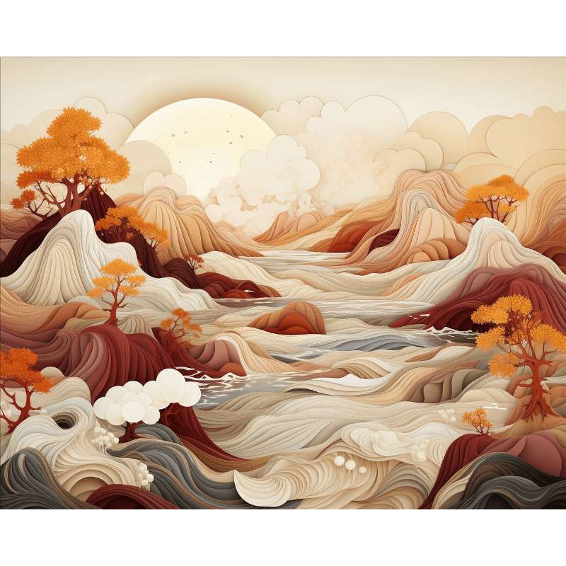 Waves of Autumn Paint By Numbers painting featuring a flowing abstract landscape in warm beige, red, and amber tones, with stylized autumn trees and soft curves resembling paper waves.