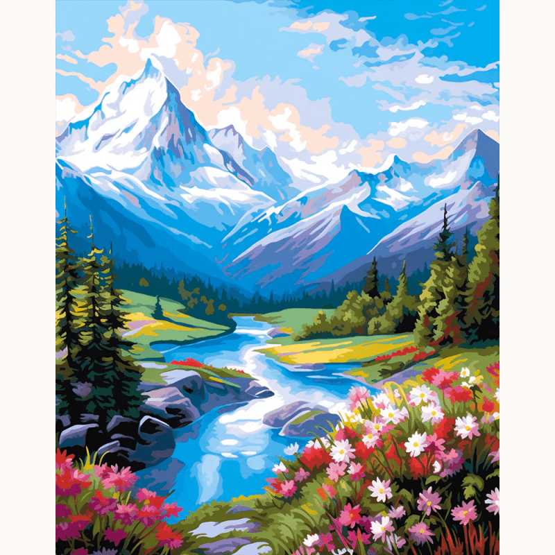 Whispering Peaks Paint By Numbers painting showcasing snowy mountains, a winding river, wildflowers, and a lush green valley under a bright sky.