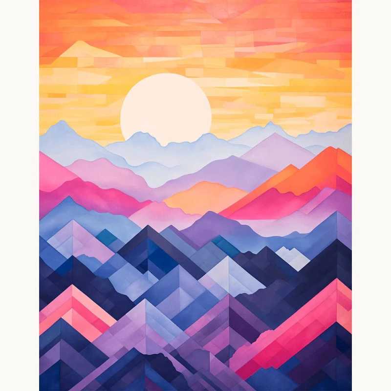 Abstract colorful paint by numbers of mountains and rising sun – a peaceful landscape art kit for adults in Canada.
