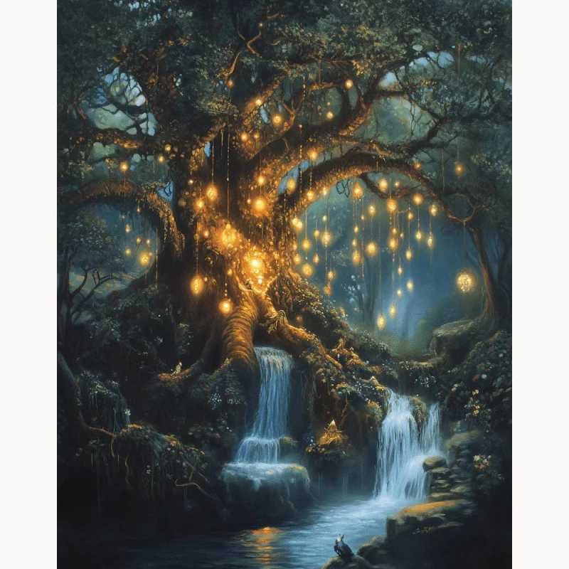 Whispers of Life paint by numbers kit showing a glowing tree with hanging lighted bulbs beside a calm river at night, surrounded by peaceful forest scenery.