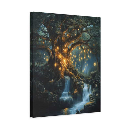 Whispers of Life paint by numbers kit showing a glowing tree with hanging lighted bulbs beside a calm river at night, surrounded by peaceful forest scenery shown in a frame.