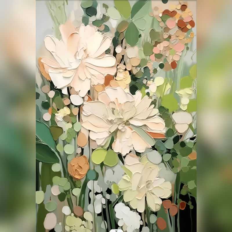 Whispers of Nature Paint By Numbers kit featuring soft white, cream, peach, and green textured flowers and leaves in a peaceful, natural composition, perfect for Canadian artists.