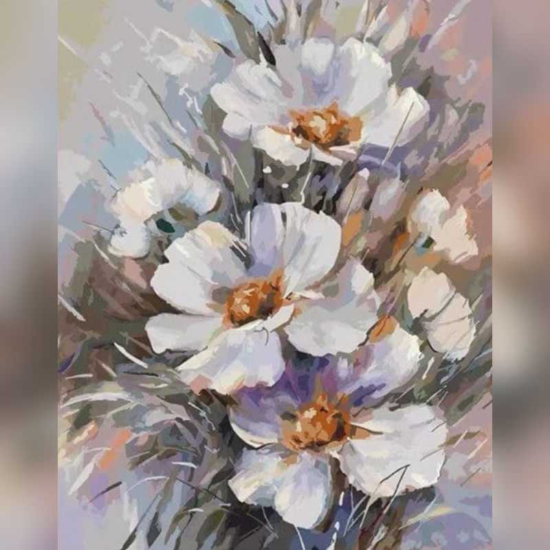 Whispers of White Paint By Numbers kit featuring soft white textured flowers with golden centers against a dreamy pastel-toned background, perfect for Canadian artists.