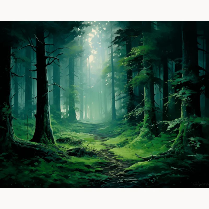 Paint by numbers canvas of a serene forest path surrounded by tall pine trees and lush green moss, with soft sunlight filtering through the misty woodland atmosphere.