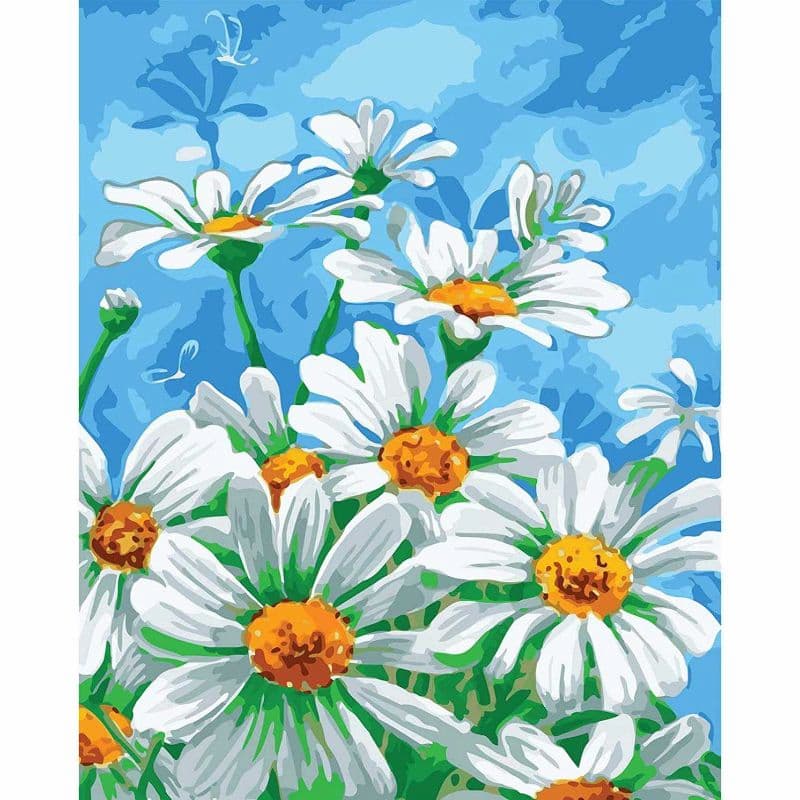Illustration of white flowers with orange centers on a blue background