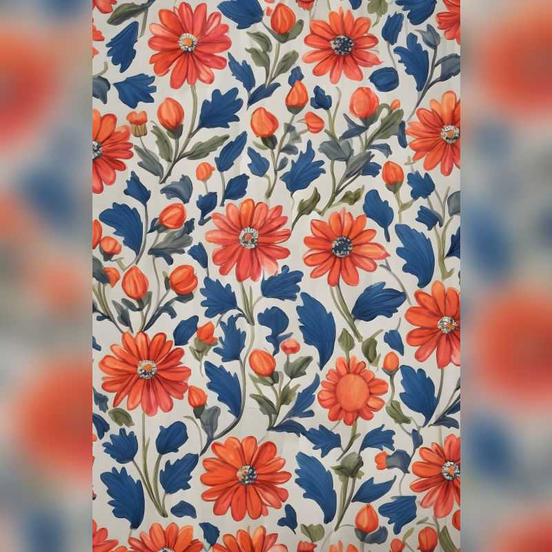 Paint By Numbers artwork featuring bold orange blooms, blue leaves, and botanical accents in a repeating floral pattern, vibrant and energizing for Canadian artists.