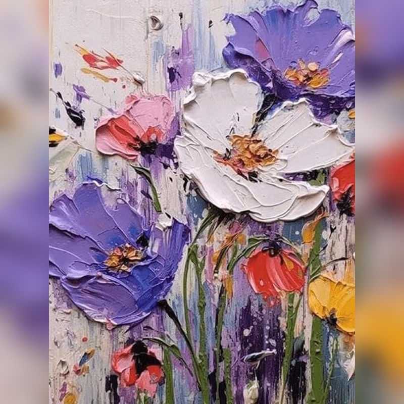 Wild Petal Dance Paint By Numbers kit featuring vibrant purple, white, pink, orange, and yellow palette knife flowers in an expressive textured bouquet, perfect for Canadian artists.