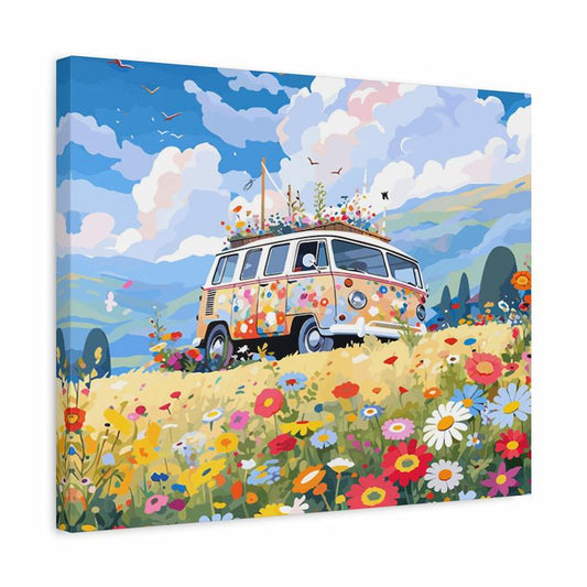 Illustrated camper van covered in colorful flowers, parked in a vibrant wildflower meadow under a bright blue sky, from the Wildflower Camper Van Paint By Numbers kit shown in a frame