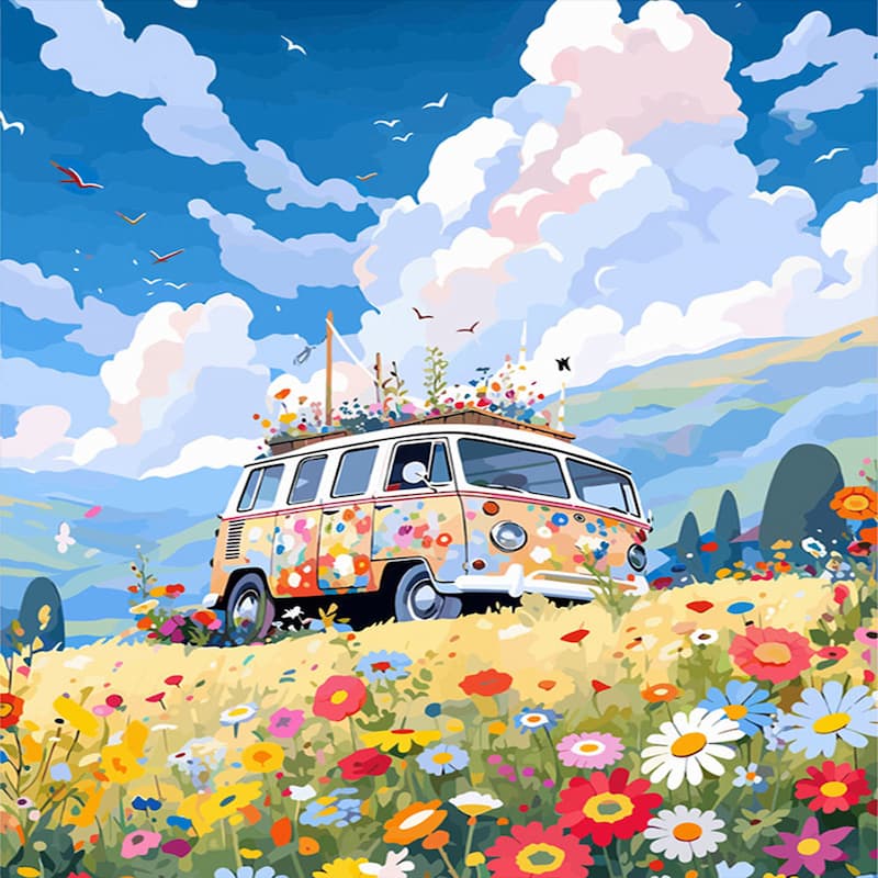 Illustrated camper van covered in colorful flowers, parked in a vibrant wildflower meadow under a bright blue sky, from the Wildflower Camper Van Paint By Numbers kit.