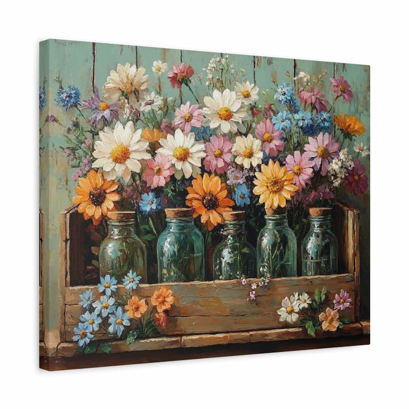 Canvas print of a floral arrangement with jars on a wooden shelf against a rustic wooden background.
