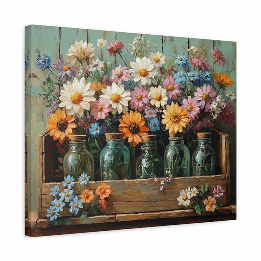 Canvas print of a floral arrangement with jars on a wooden shelf against a rustic wooden background.