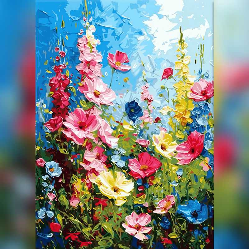 Wildflower Symphony 3D Flowers Paint By Numbers painting featuring a vivid field of sculpted wildflowers in red, pink, yellow, and blue under a bright sky.