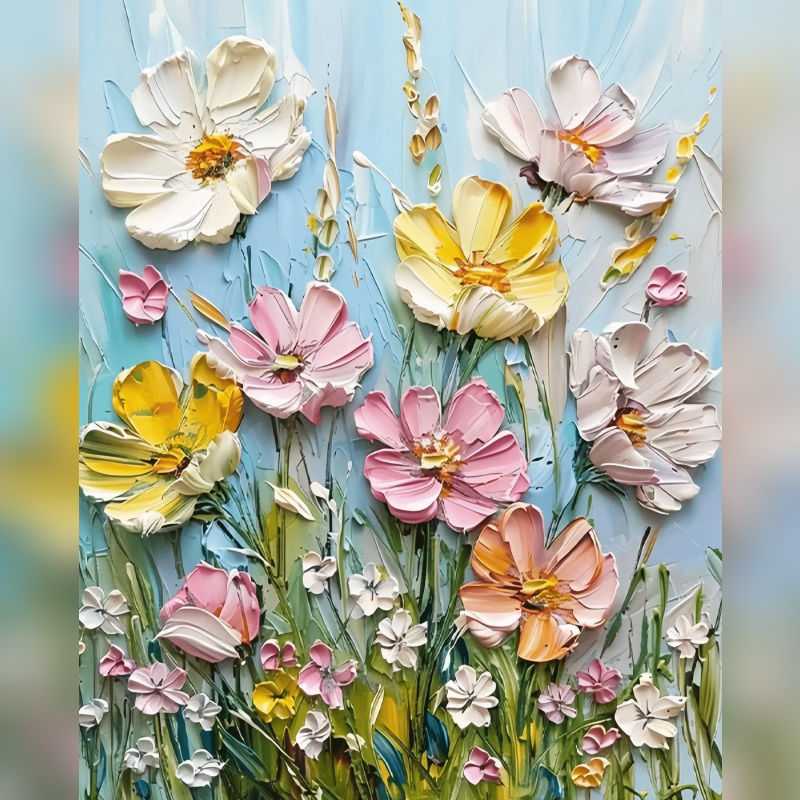 Wildflower Waltz Paint By Numbers kit featuring soft yellow, white, pink, and orange textured flowers blooming like a meadow against a pastel blue sky, perfect for Canadian artists.